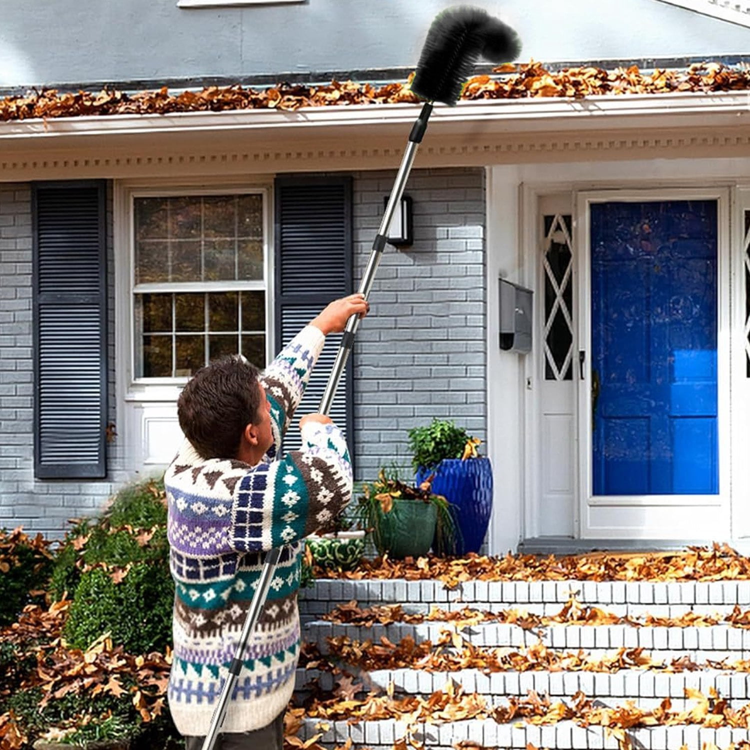 10.5FT Gutter Cleaning Brush With Telescoping Handle Rain Gutter Cleaner Extendable Gutter Cleaning Tool From The Ground with 2 Angled Brushes Anti-slip Gloves Goggles