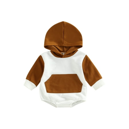 

Canrulo Infant Baby Boy Girl Fall Clothes Hoodie Pullover Sweatshirt Romper Color Block Long Sleeve Jumpsuit Outfits Brown 12-18 Months