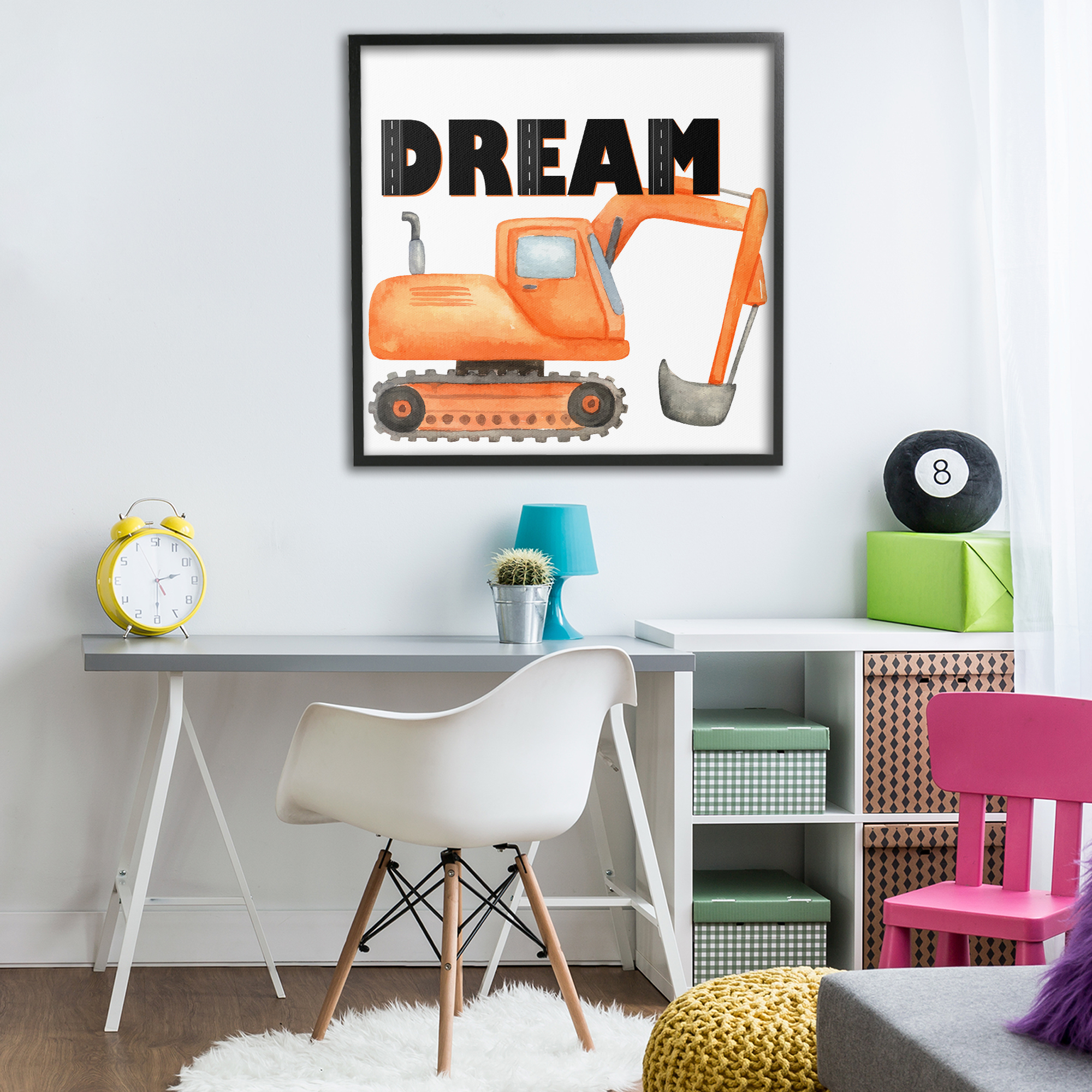 Dream with Orange Excavator Black Framed Giclee Art, design by Kim Allen