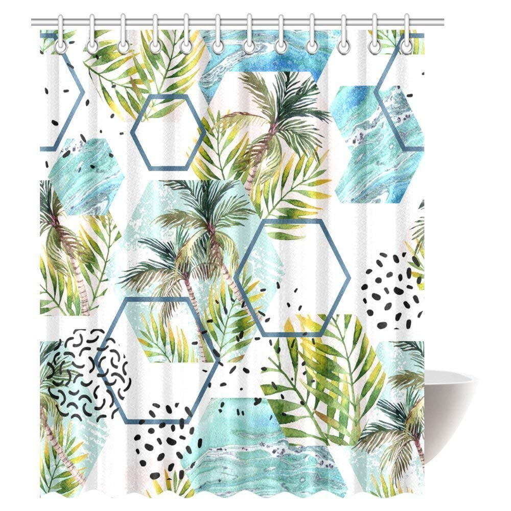 BPBOP Palm Trees Shower Curtain, Watercolor Summer Tropical Leaves and