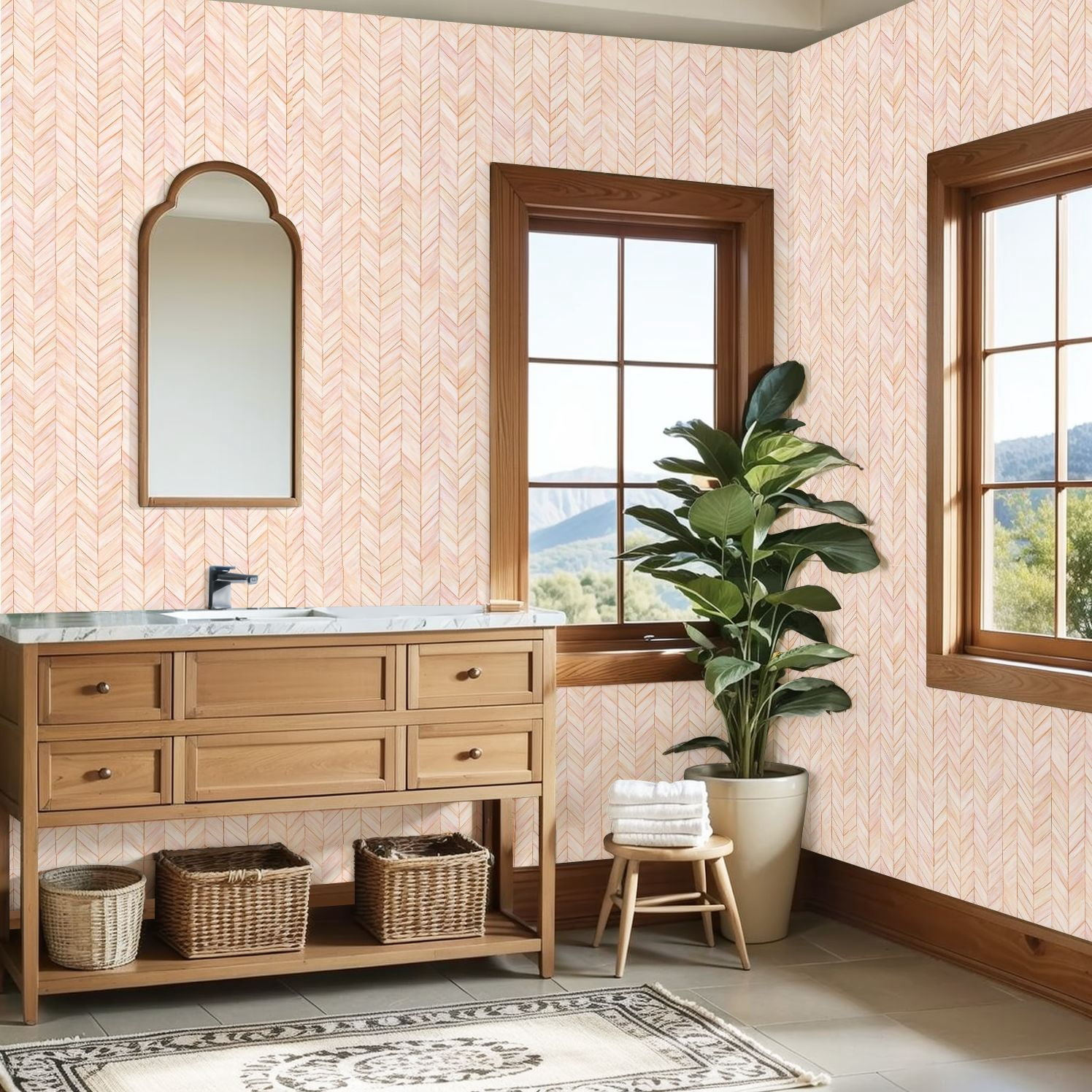 Peel and Stick Wallpaper Pink Marble Herringbone Thin Gold Lines Wall Mural 23.6in x 9.8ft Self Adhesive Removable Wall Paper Renter Friendly Wallpaper for Nursery Bedroom Cabinets