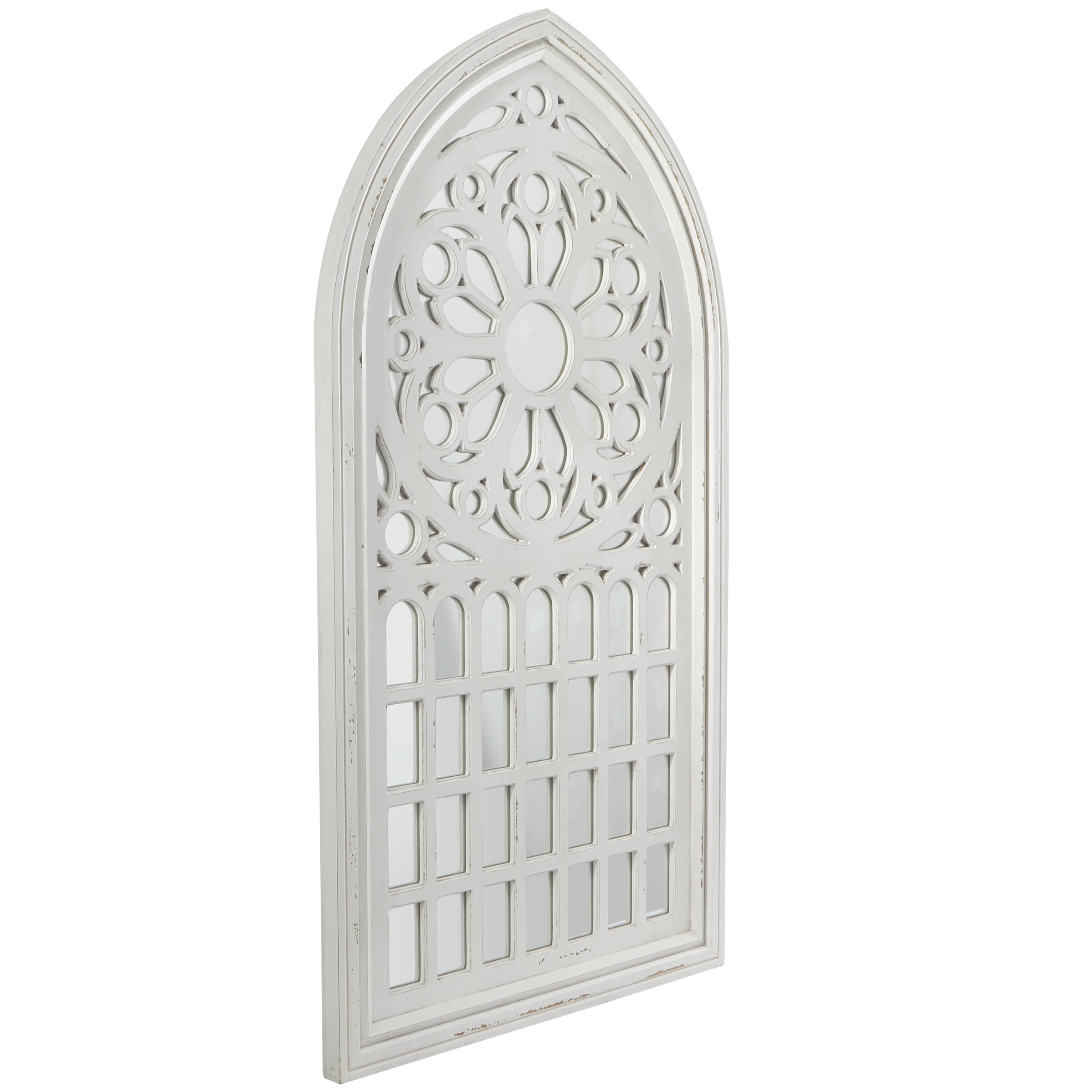 DecMode 28" x 52" White Carved Wall Mirror with Arched Window Panes