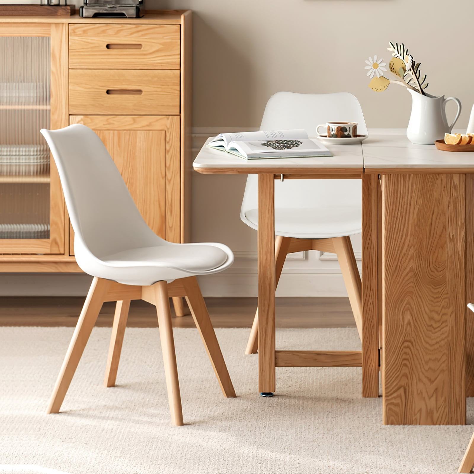 GIANNA Dining Chairs Set of 4, Modern PU Leather Cushioned Chairs with Wooden Legs for Dining Room, Kitchen, Living Room, Home Office, White