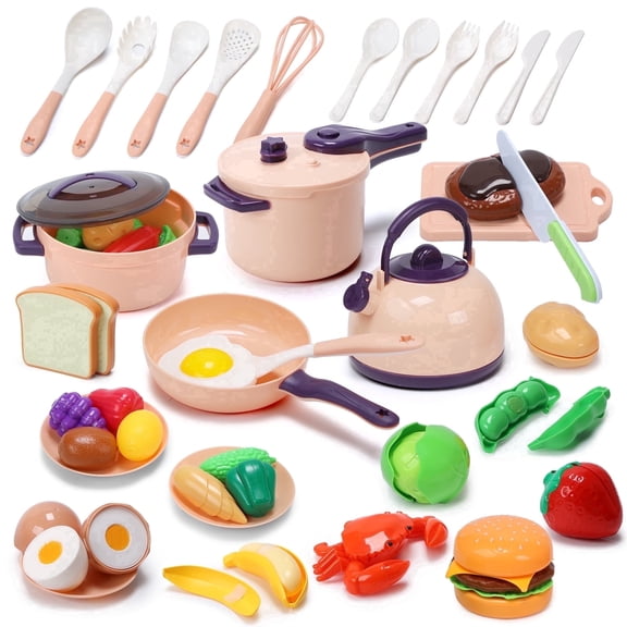 CUTE STONE 51‑Piece Plastic Mini Play Kitchen Accessories Set, Pretend Cooking Playset with Pots, Pans, Utensils & Cuttable Fruits Veggies, Educational Toy Gift for Toddlers Boys Girls