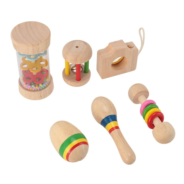Wooden Baby Toy Set, Early Learning Colorful Baby Hand Rattles Set 6 Pieces Easy Grasping Toys Educational With Kaleidoscope For Toddlers