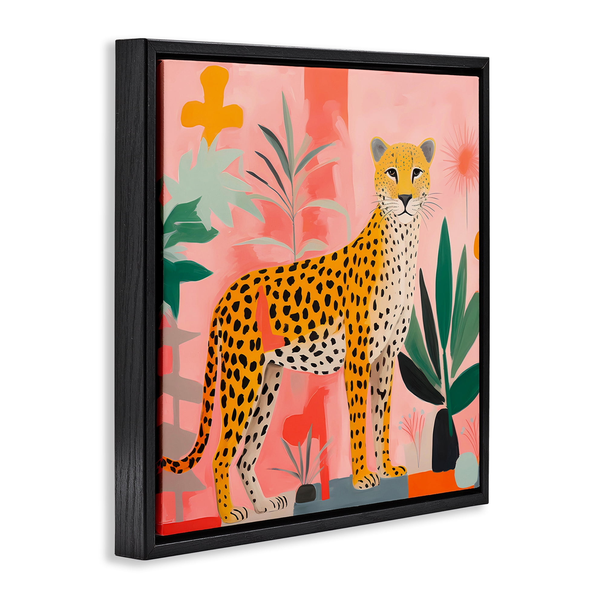 Stupell Industries Standing Leopard & Plants Animals & Insects Painting Black Floater Framed Canvas Art Print Wall Art, 18 x 18