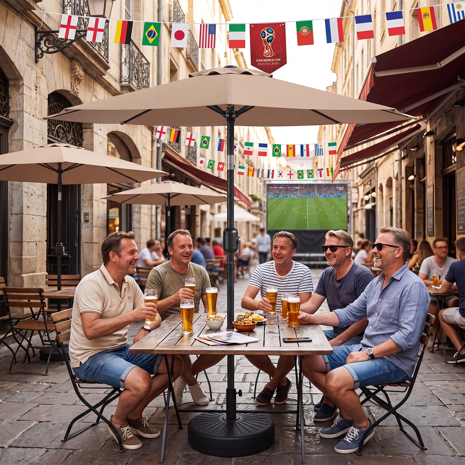 HaiCube 9FT Patio Umbrella -Acrylic Fabric, 10-Year Fade-Resistant, 1.5" Heavy Duty Steel Pole, 8 Ribs, Push Button Tilt & Crank, UV Block for Garden Deck Pool, Khaki