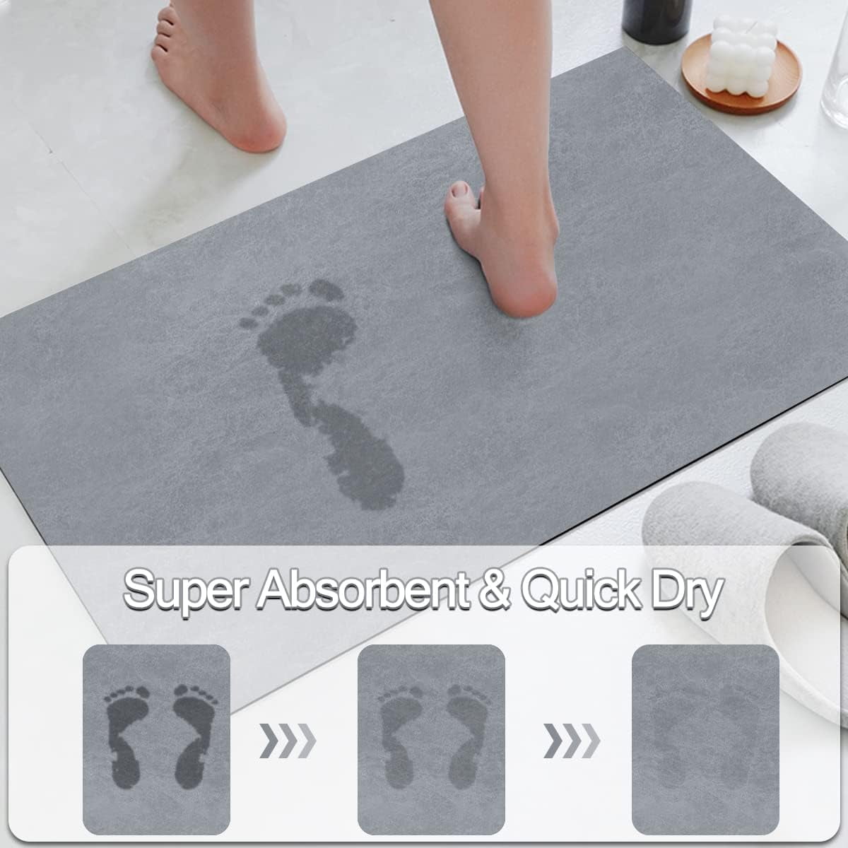 Thin Diatomaceous Earth Bath Mat,Non Slip Quick Dry Bath Mats for Bathroom,Super Absorbent Stone Bath Mat-Washable Shower Mat Bathroom Floor Mat (Light Grey,20"x32")