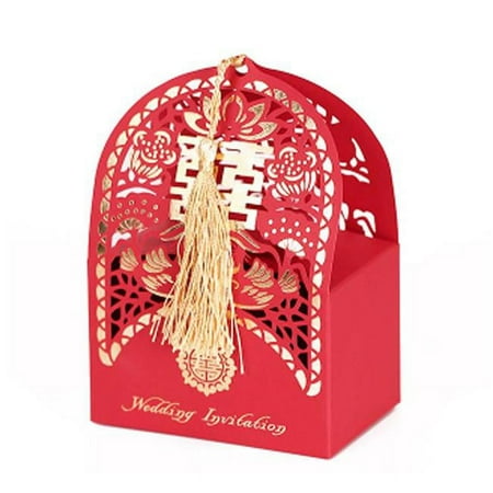 Panda Superstore Laser Cut Chinese Style Wedding Candy Chinese Style Chocolate Box Candy Wrappers Holders, Red - 10 Piece
