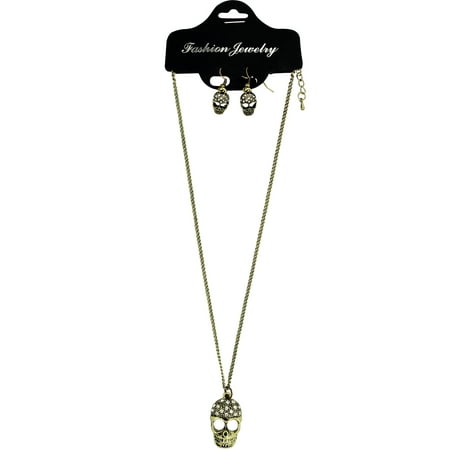 - Gold Tone Pewter Rhinestone Skull Pendant Charm Necklace and Earrings
