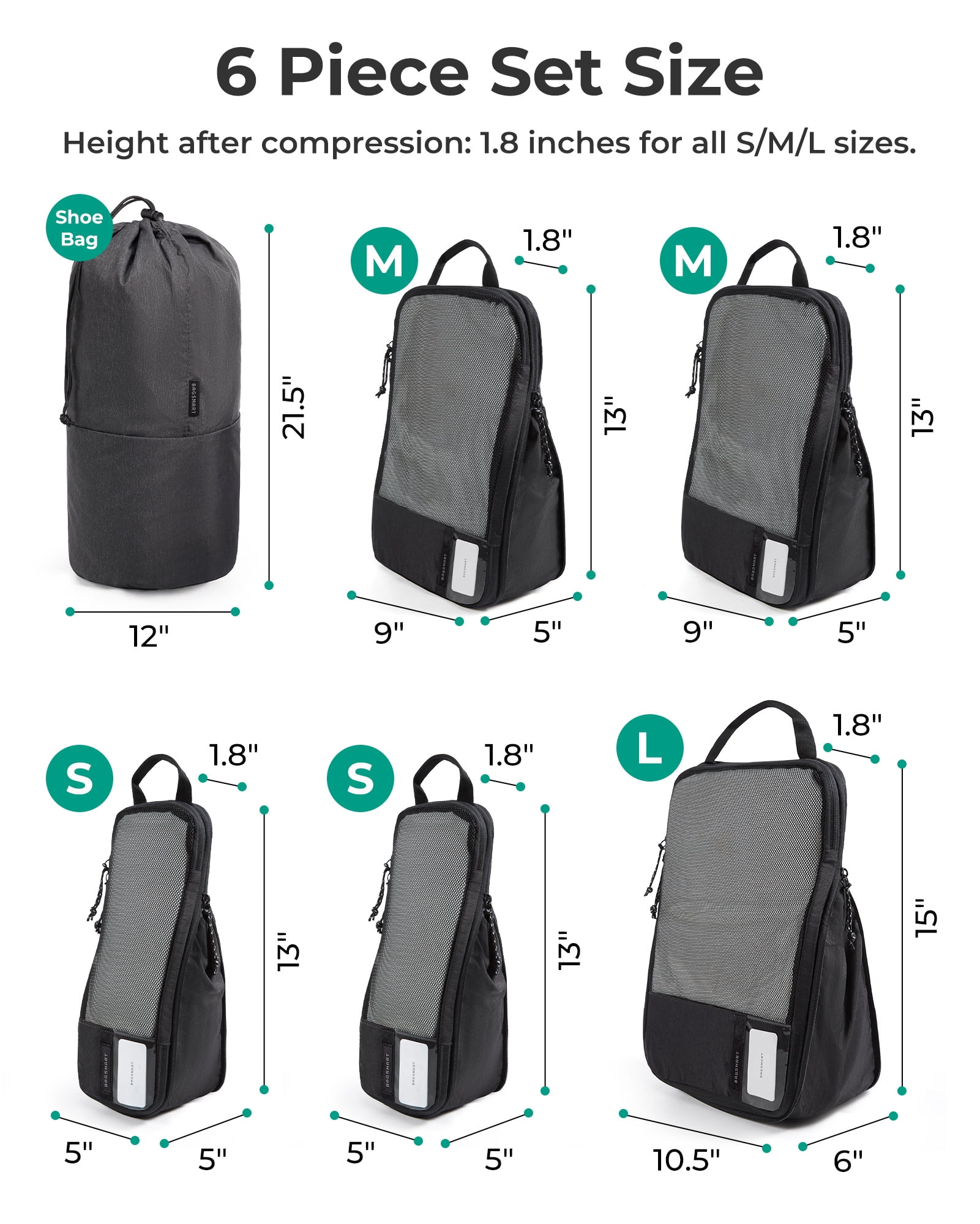 BAGSMART Compression Packing Cubes for Travel Luggage, 6 Pcs Expandable Packing Organizers Foldable Lightweight Suitcase Storage Bags for Travel Accessories, Women Men, Black