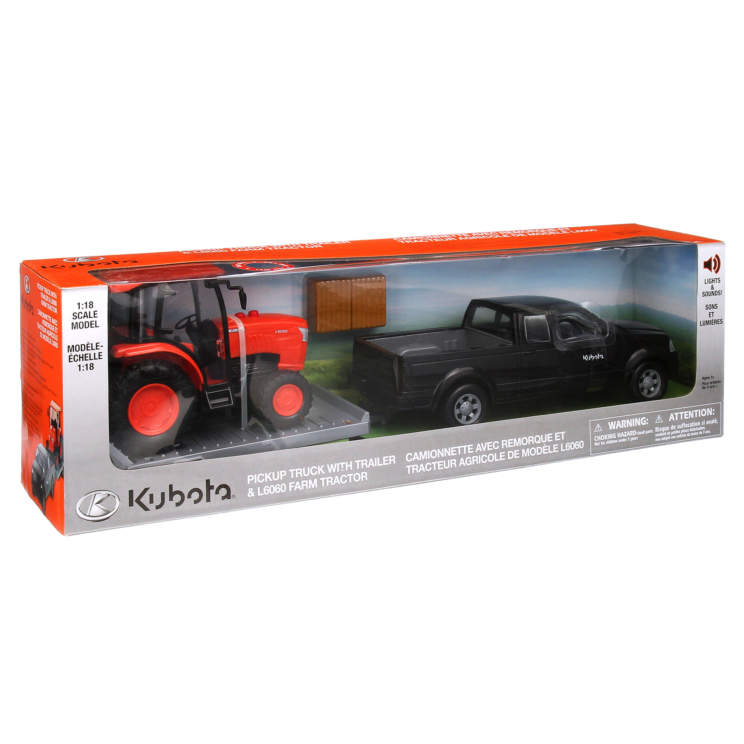 Newray Truck and Trailer With Kubota L6060 Farm Tractor 1/18 Scale  Collectible Model Vehicle Set