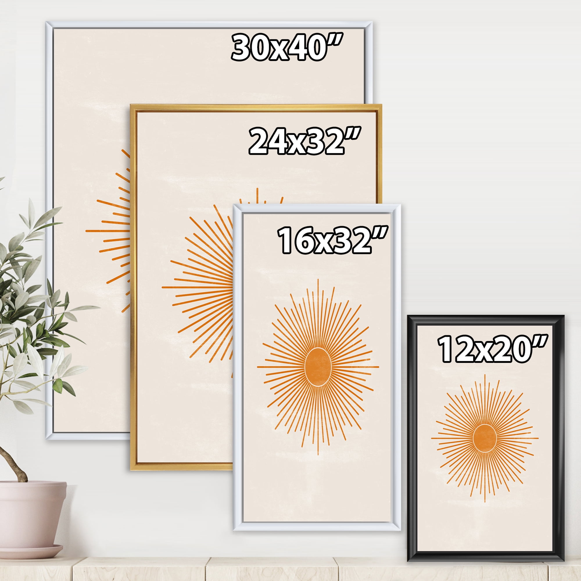 Designart 'Orange Sun Print On Beige II' Modern Framed Canvas Wall Art Print