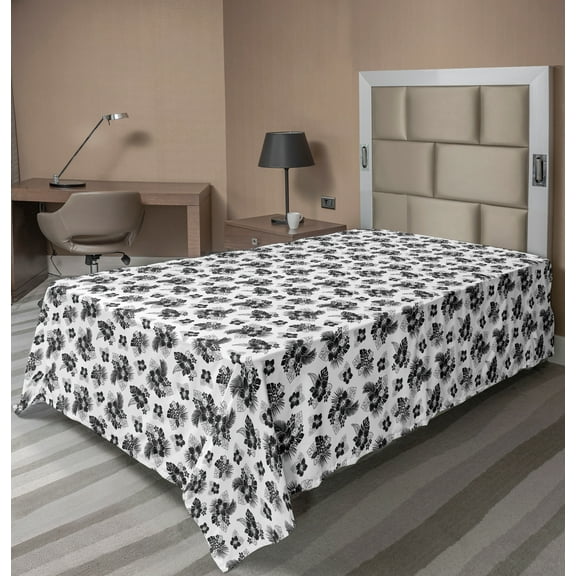 Ambesonne Floral Flat Sheet, Leafy Hibiscus Pansies Art, TwinXL Size, Charcoal Grey and White