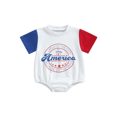 

GXFC Infant Baby Boy Girl 4th of July Contrast Color Rompers T-shirt Newborn Short Sleeve Cartoon Letter Flag Print Jumpsuit Independence Day Summer Casual One Piece Clothes 0-24M