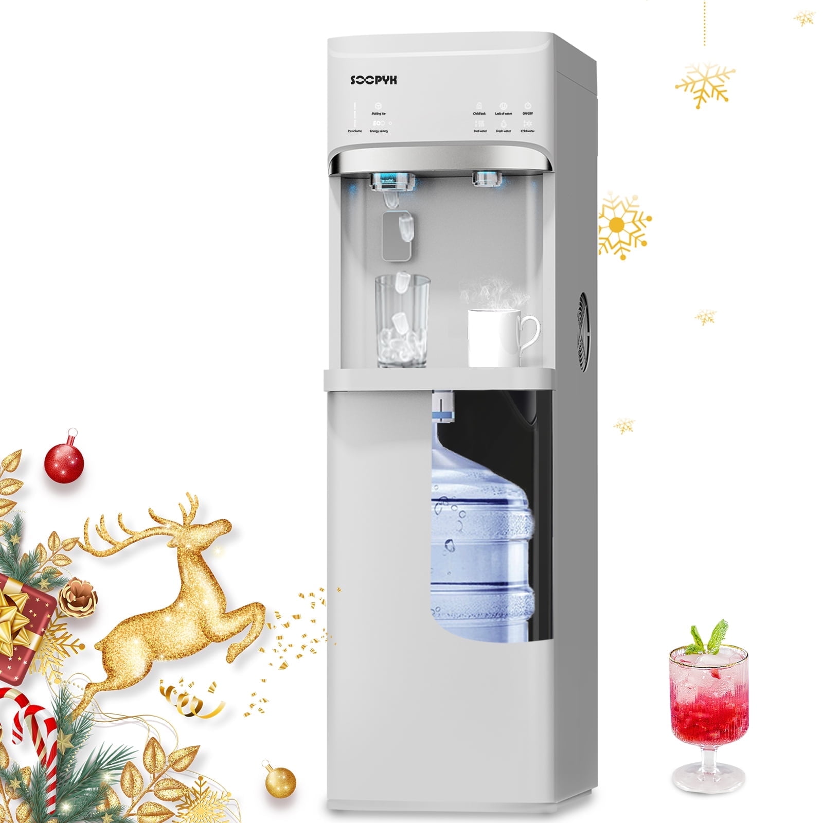 SOOPYK Water Dispenser with Ice Maker Bottom Loader|Fits 5 Gallon Bottles,22lbs Within 24hrs,Water with 3 Temperature,Self-clean & Child Lock,White