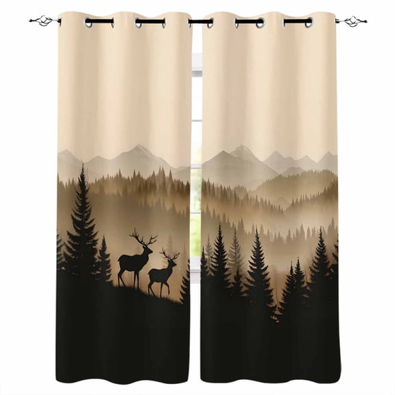 Fsddascl Black Forest Blackout Curtains for Bedroom/Living Room, Thermal Insulated Kitchen Curtains, Deer Silhouettes Foggy Grey Pine Tree Grommet Darkening Window Treatment Drapes 52"x84"x2