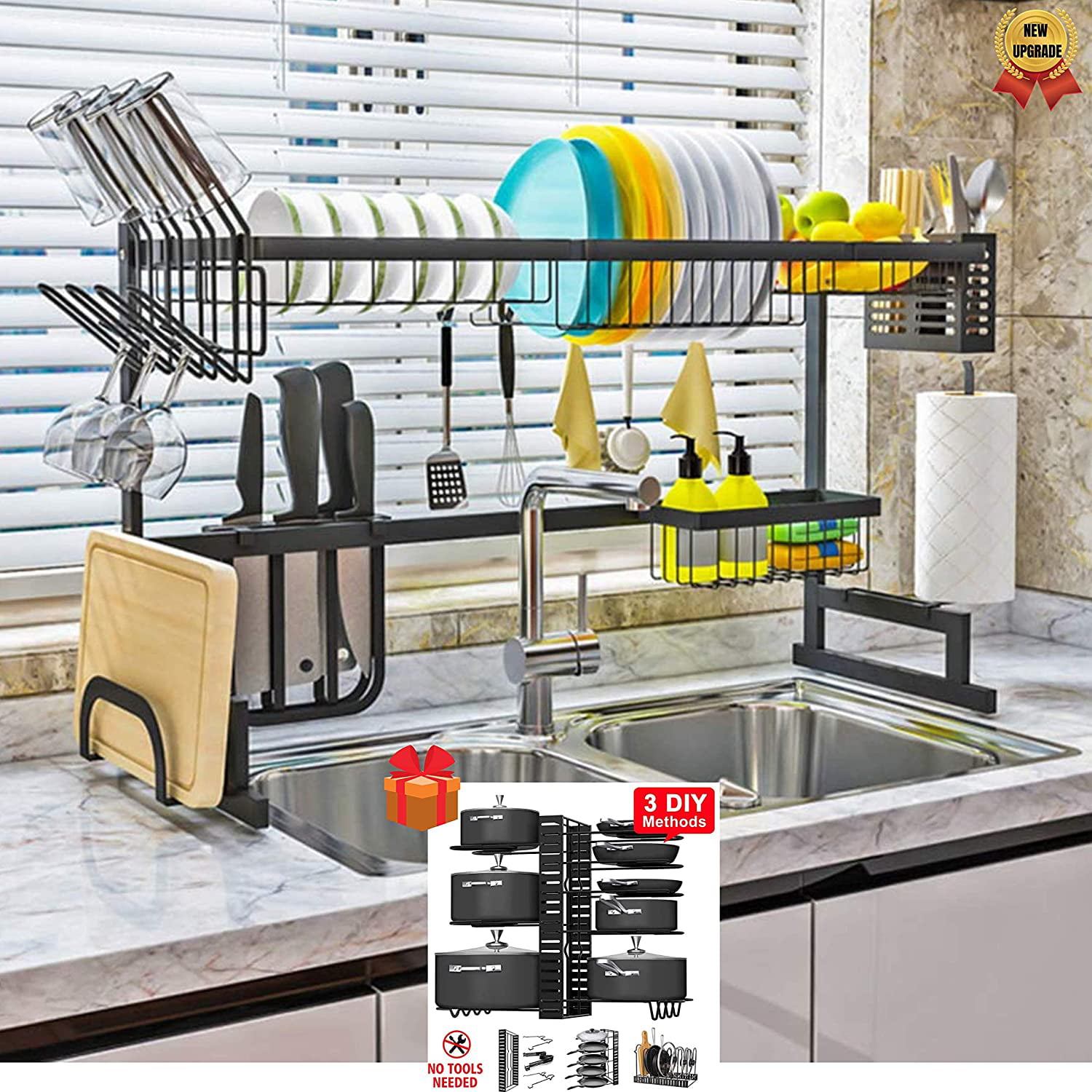 Topkitch Dish Drying Rack - Black, Fully Customizable, 2-Tier, Over The  Sink Dish Drying Rack with Kitchen Utensil Holder and Pots and Pan  Organizer, Stainless Steel, Sink Size ≤ 34.5 inch. 