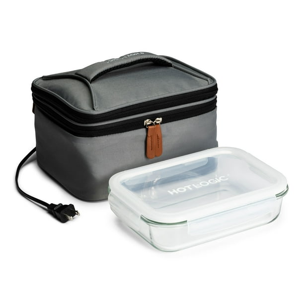 HOTLOGIC Food Warming Tote, Lunch Bag Plus 120V with Glass Dish, Gray