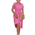 thumbnail image 1 of Innerwin Shirt Dress Button Down Ladies Midi Dresses Holiday Short Sleeve Loose Red S, 1 of 4