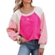 thumbnail image 1 of Sudadera de lana difusa con cuello redondo para mujer, informal, de moda, manga larga abombada, color block, Tops, color rojo rosa XL, 1 of 8