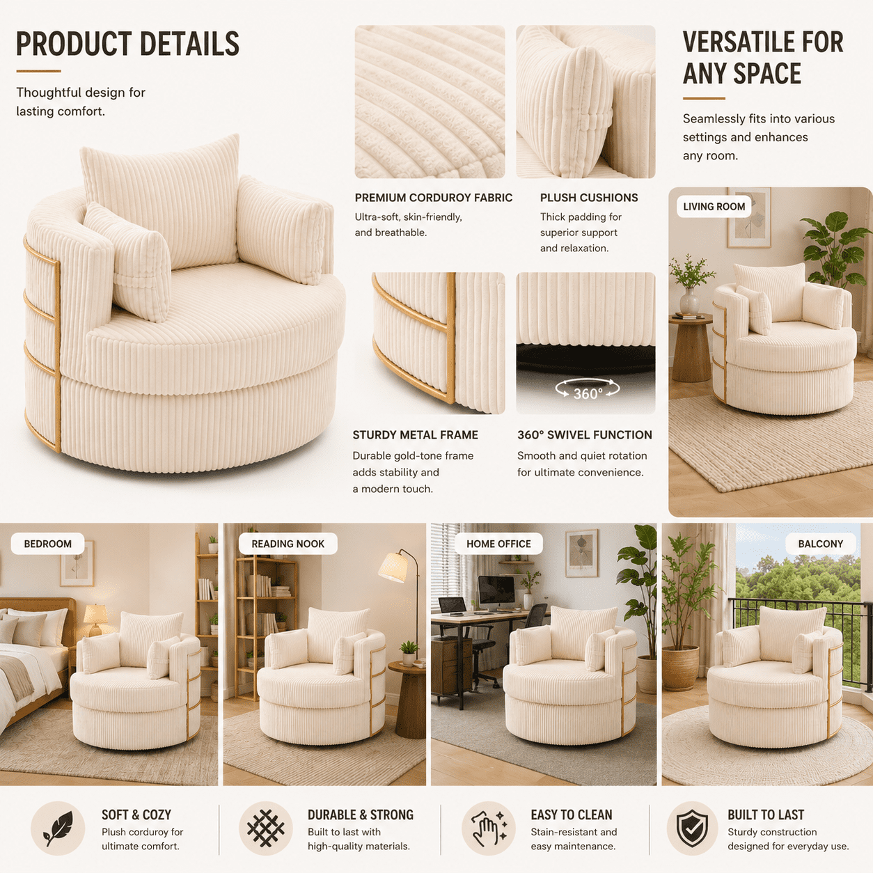 MOONMISS Swivel Barrel Accent Chair with Hidden Storage,Corduroy Round Single Sofa,Gold Metal Frame,for Living Room Reading Nook,Beige