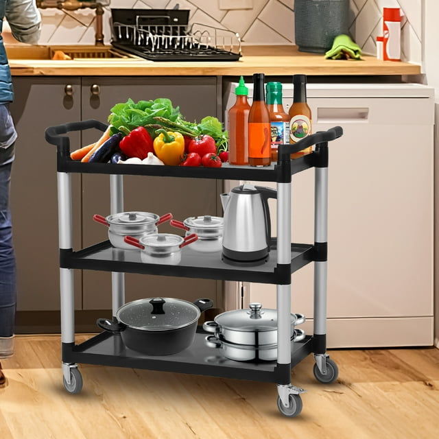 EDTara Chariot Utilitaire, Conception Robuste à 3 Niveaux avec Capacité de 360 Lb, Poignées Doubles, Roues Verrouillables, Chariot de Service Roulant pour Bureau, Restaurant, Hôtel, Cuisine Ou Entrepôt
