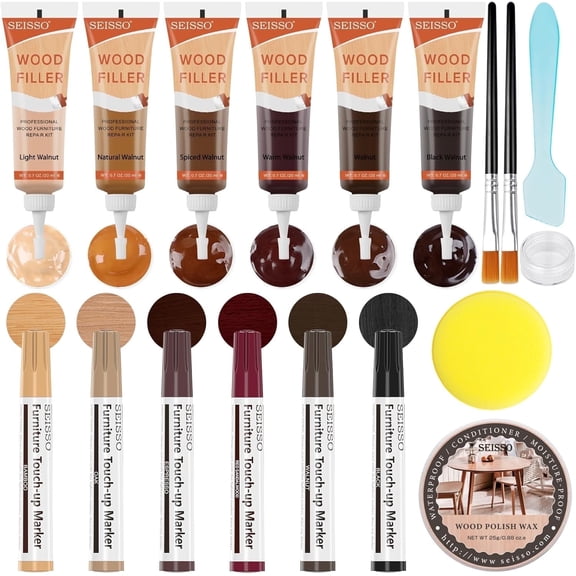 Wood Repair Kit with 6 Wood Filler,6 Wood Repair Markers and Wood Polish Wax, Furniture Repair Kit for Scratches, Cracks, Holes, Stains on Hardwood Floor, Laminate, Cabinet, Door, Table
