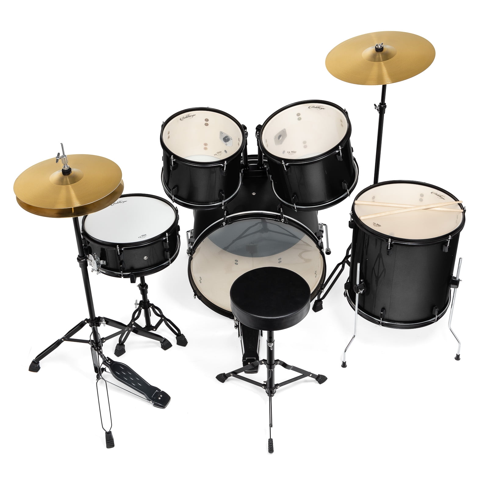 Ashthorpe 5-Piece Complete Full Size Adult Drum Set with Remo Batter Drumheads - Black
