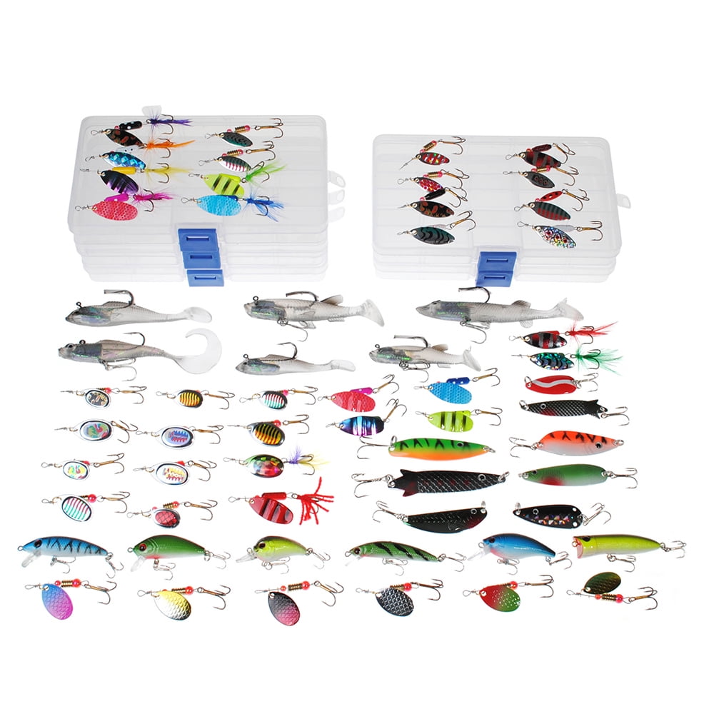 Dr.Fish Assortted 5 Lure Boxes Loaded 60 Bass Fishing Baits Spinners Rooster Tail Trout Spoons Soft Plastic Shads... by Dr.Fish