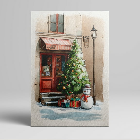 1pc Christmas - themed Watercolor Canvas Wall Art of a Cozy Café with a Decorated Christmas Tree, Presents, and a Snowman Outside, framed Decor room hanging Wall Picture Decor for Home Gift.