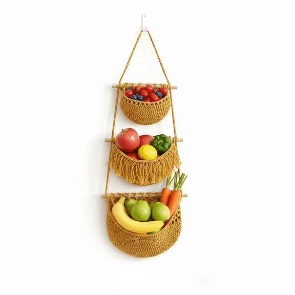 Bohorizon 3 Tier Hanging Fruit Basket for Kitchen, Woven Wall Storage Organizer (Gold)