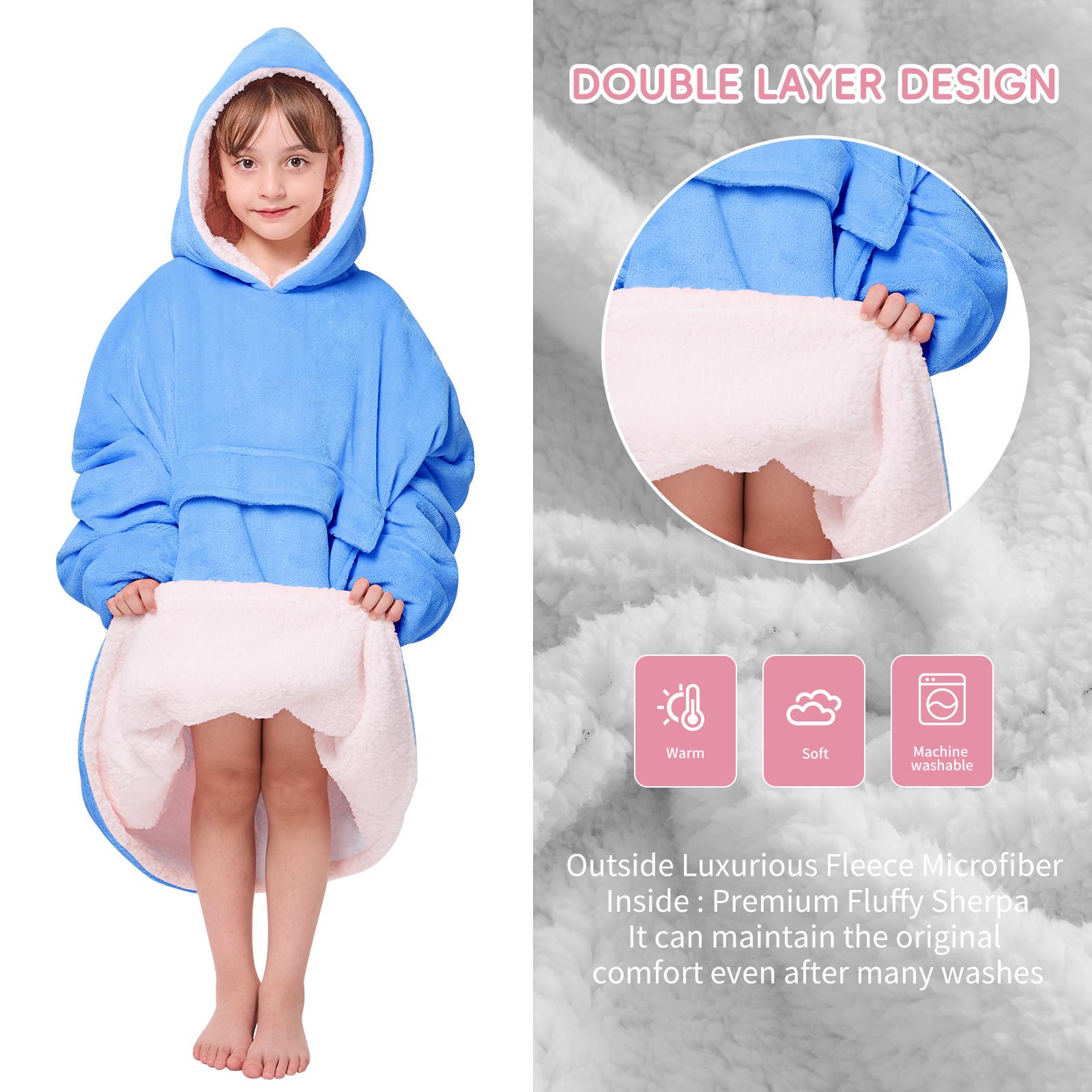 PMONPA Wearable Blanket Hoodie for Kids, Soft Double Layer Sherpa Fleece Sweatshirt,Teen Gifts for Kids, Youth, Boys, Girls, One Size, Sky Blue