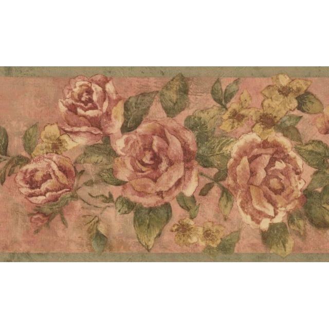 Vintage Bloomed Magenta Pink Roses on Vine Reddish Beige Wallpaper Border Retro Design, Roll 15' x 8"