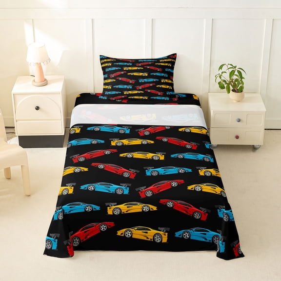 Manfei Colorful Race Car Twin Sheets,Classic Kid Art Bedding,Black,3 Pieces,1 Fitted Sheet and 1 Pillowcase