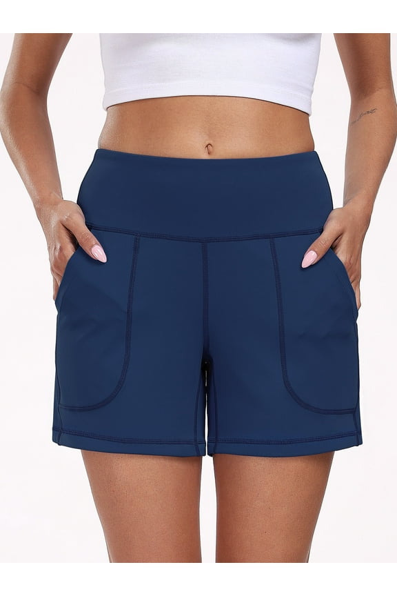 Womens Workout Shorts Wide Leg Yoga Shorts for Women Casual Summer Athletic Short with Pockets,Navy Blue,US Size L
