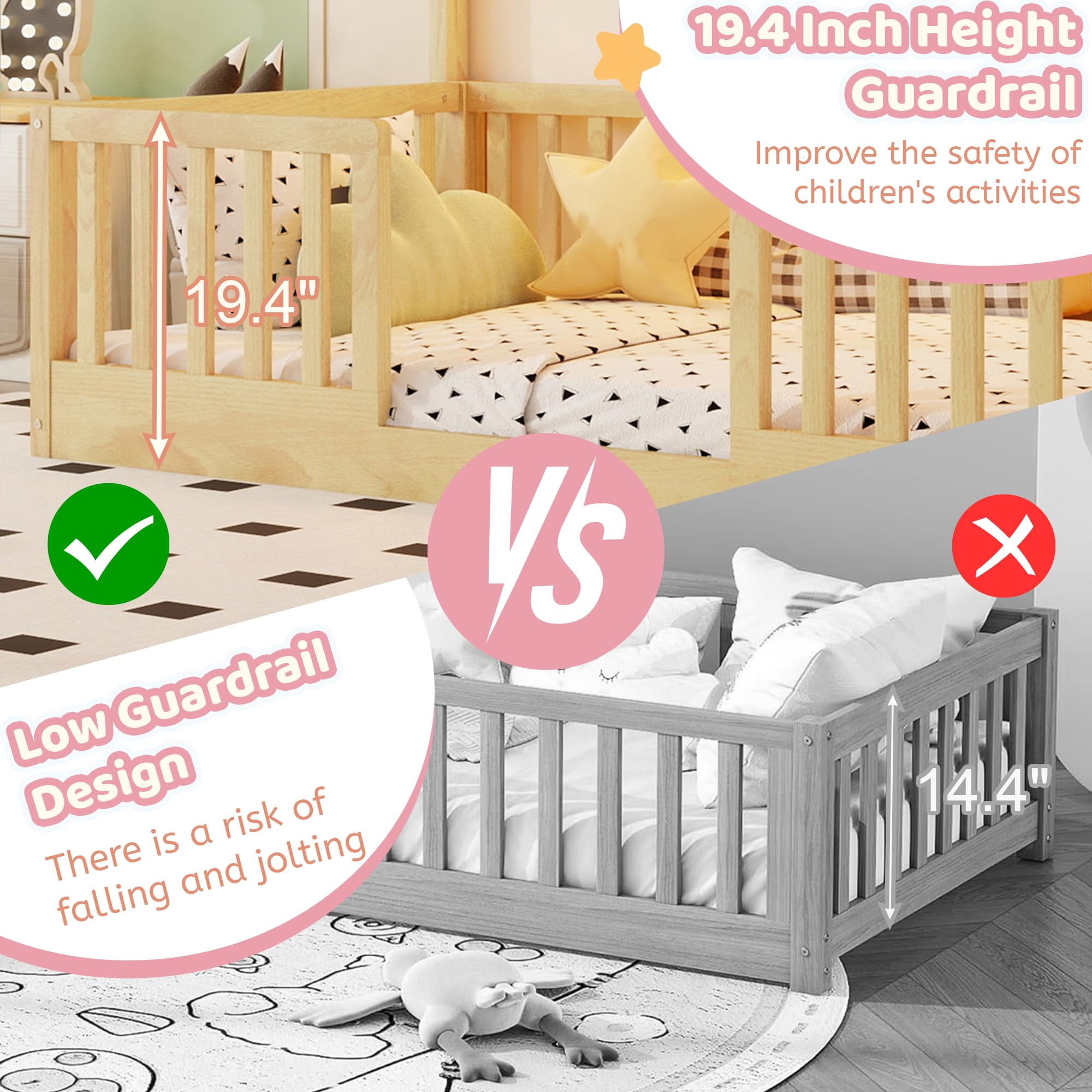Twin Floor Bed with High Rails, Wooden Montessori Bed Frame with Single Color Light and House Shape Design, Low Profile Beds for Kids, twin bed frames Natural