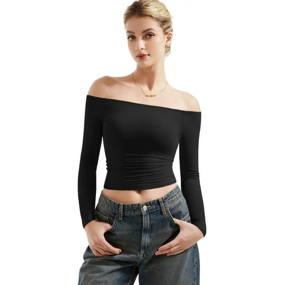Women Off Shoulder Double Lined Long Sleeve Shirts Basic Going Out Tops