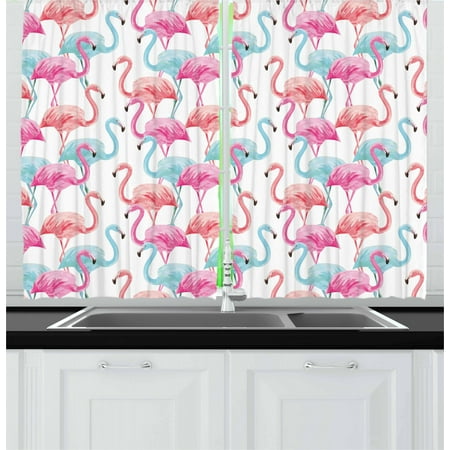 Watercolor Curtains 2 Panels Set Flamingos In Many Colors Hand Drawn Bird Exotic Animals Illustration Window Drapes For Living Room Bedroom 55w X