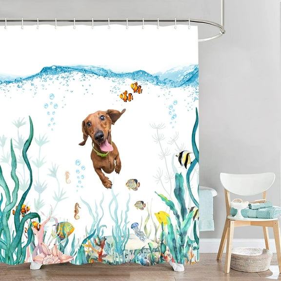Funny Dog Underwater Diving Shower Curtain Set,Teal Blue Sea Ocean Tropical Fish Marine Animal Waterproof Fabric Kid Curtain for Bathroom Decor With Hooks,69*70in