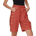 thumbnail image 3 of Xysaqa Bermuda Shorts for Women Casual Summer Womens Comfy Buttons Cotton Linen Shorts Knee Length Elastic High Waisted Shorts for Women Pull On Beach Shorts with Pockets & Drawstring S-XXL, 3 of 8