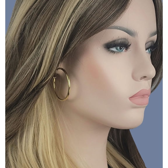 Round Hoop Gold Tone Pierced Earrings Shiny Plain 1 3/4" Surgical Steel Post Ladies Adult Female Women