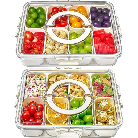 Snackle Box Container, 2 Pack Divided Serving Tray with Lid and Handle, Snack Box Charcuterie Container for Portable Snack Platters, Clear Organizer for Candy, Fruits, Travel, Party, Picnic