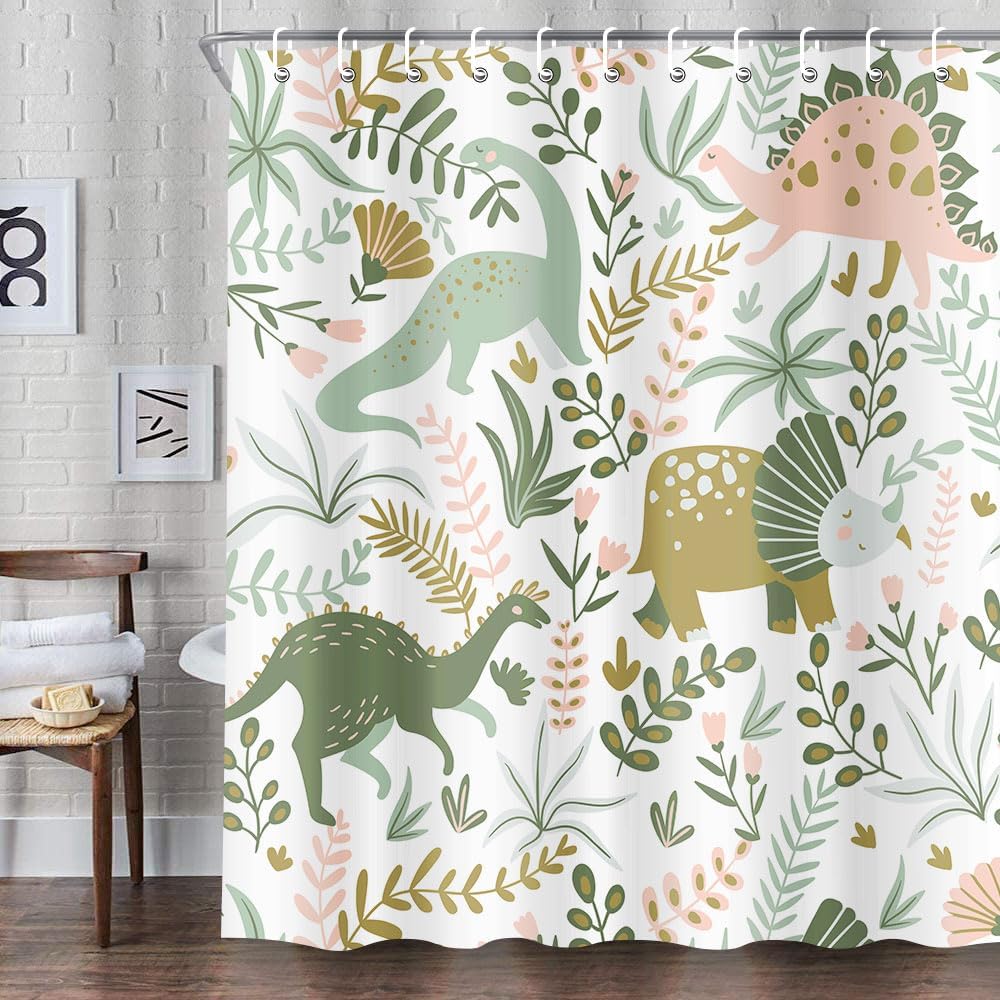 Kids Shower Curtains,Funny Dinosaur Shower Curtains, Cute Dinosaur for Boys Girls, Green Plant Leaf Flowers Colorful Bathroom Decor with Hooks Waterproof Fabric Polyester Bathtub Decorative
