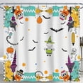 thumbnail image 1 of Whimsical Halloween Shower Curtain with Cartoon Characters, Pumpkins, Bats & Colorful Border - Festive Bathroom Decor, 1 of 4