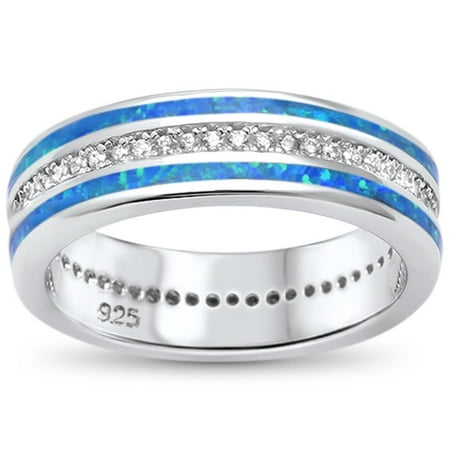Blue Synthetic Opal Clear CZ Inlay Band Ring Sterling Silver Size 5