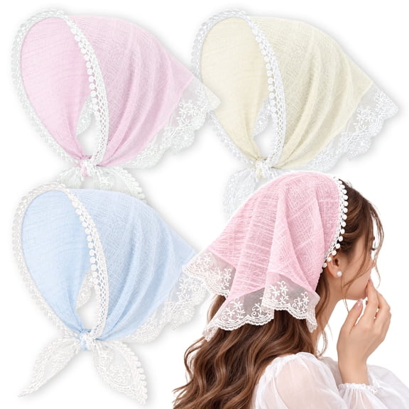 3PCS Lace Bandanas Head Scarf Headband for Women, Hair Scarf-Beige & Blue & Pink