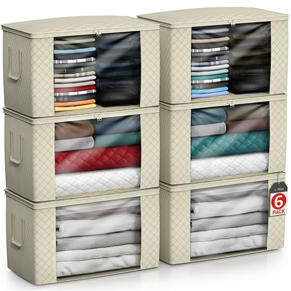 Sorbus Foldable Storage Bags with Clear Window & Zippers, Beige (6-Pack)