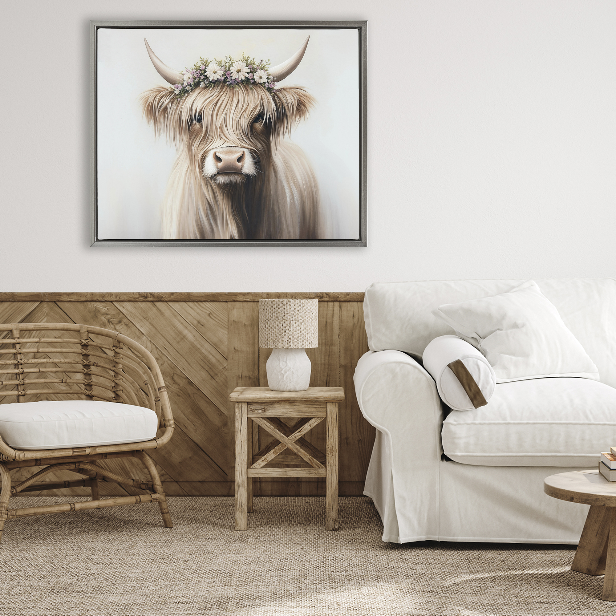 Shaggy Cattle Floral Crown Gray Framed Floater Canvas Wall Art, design by Shawna Stewart