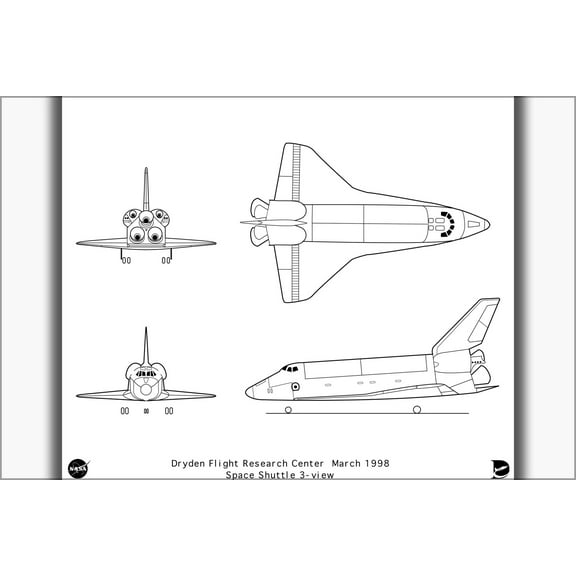 24"x36" Gallery Poster, Space Shuttle orbiter 4-view diagram 1998